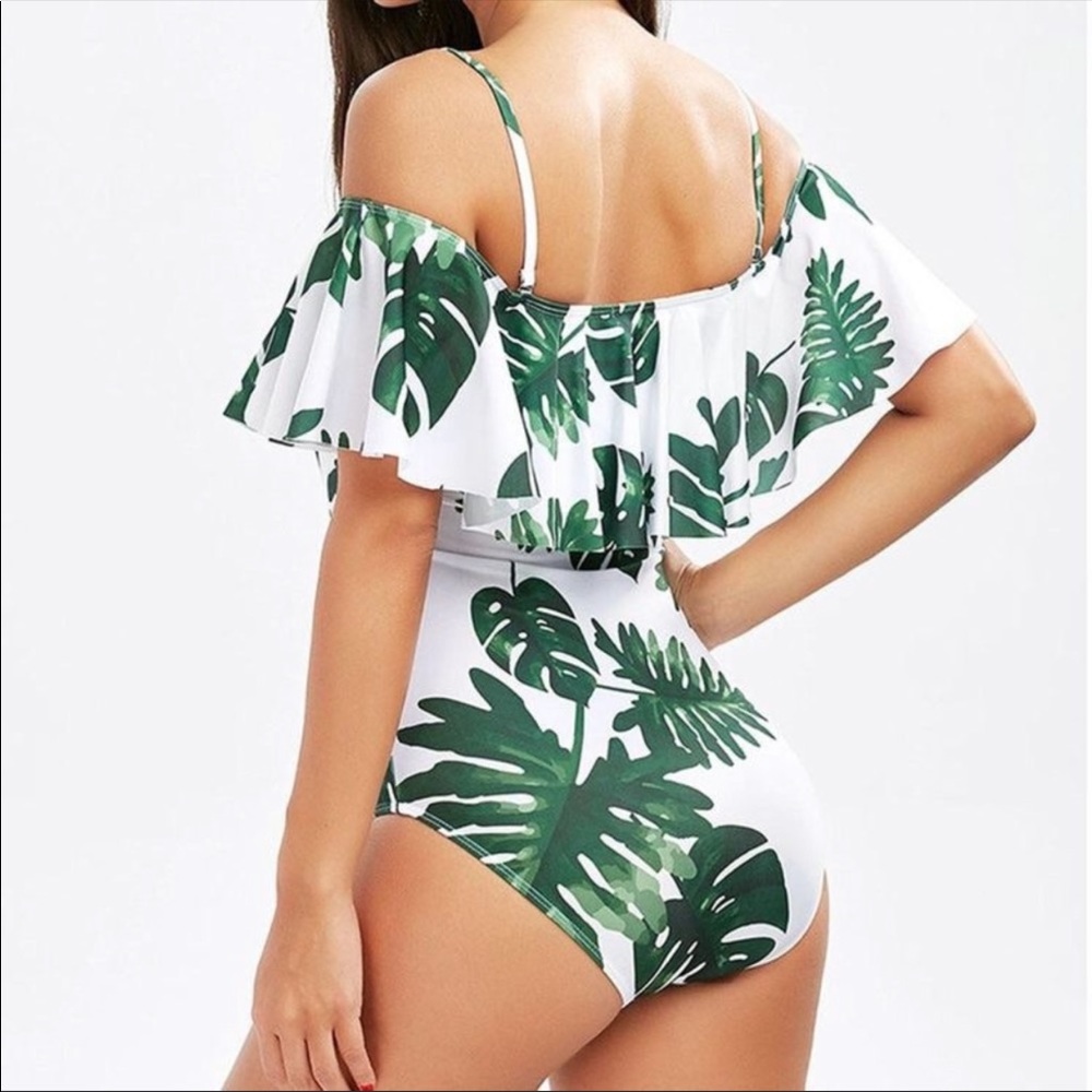 NESSA🌴 tropical leaf print ruffle one piece swim - Picture 2 of 5